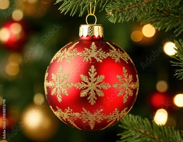 Fototapeta A red and gold ball hangs on the Christmas tree. New Year's card. Bokeh lights