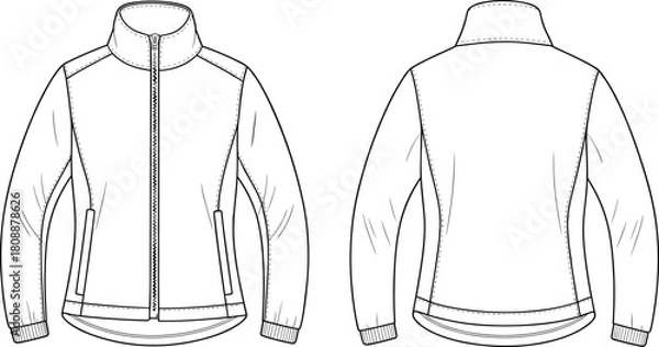 Fototapeta Technical flat sketch vector of modern zip-up jacket featuring high collar, seam detailing, pockets, long sleeves, and contemporary outerwear fashion design