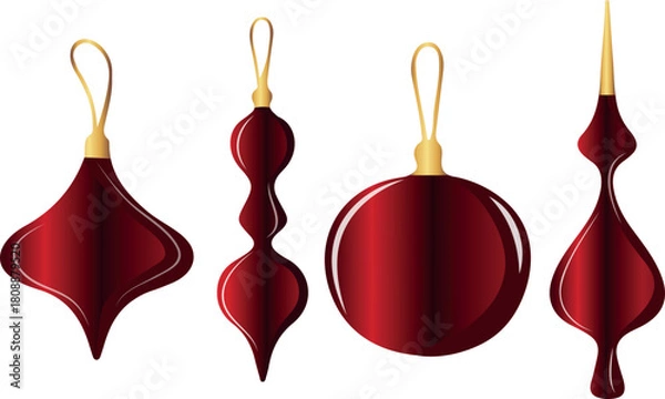 Obraz set of Christmas tree toys of various sizes and shapes with a beautiful red gradient, for holiday printing, applications or seasonal designs