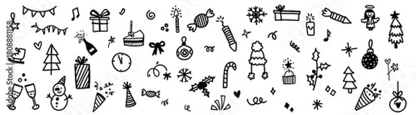 Obraz Cute christmas doodle icon sketch set in simple minimalist style. Vector holiday ornamental winter illustration for decoration with snowflake, bunting, cap, gift boxes and lollipops. 