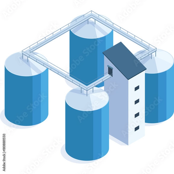 Fototapeta Industrial Grain Silo Complex With Connecting Walkways And Processing Building Under Natural Daylight In A Flat Design Style