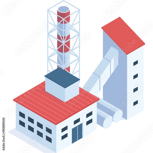 Fototapeta Industrial Factory Building With Tall Chimney and Conveyor System Isometric View With Red Roof White Walls And Blue Accents On Transparent Background