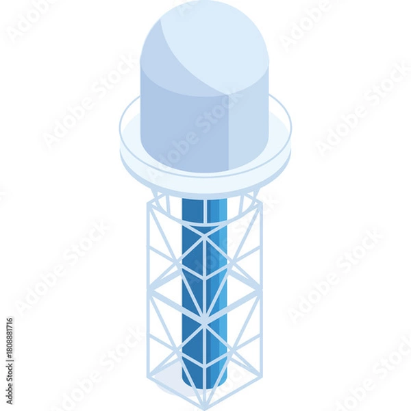 Fototapeta Isometric illustration of a light blue and white water tower with a tall blue grid structure base on a transparent background