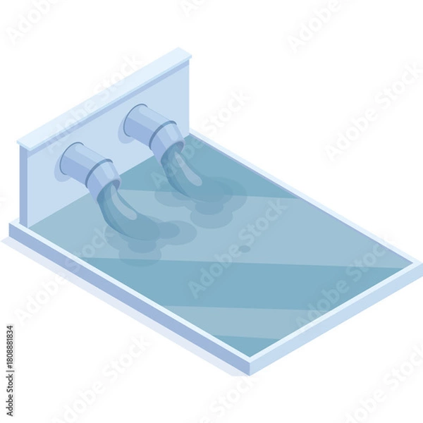 Fototapeta Isometric Illustration of Water Flowing From Two Pipes into a Pool on a Transparent Background