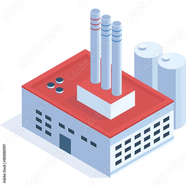 Fototapeta Isometric Industrial Factory Building with Red Roof and Tall Chimneys Emitting Smoke Under Bright Daylight With Transparent Background