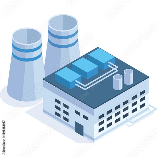 Fototapeta Isometric industrial power plant with cooling towers and factory building under a clear sky with blue and gray tones on a transparent background ideal for graphic design projects