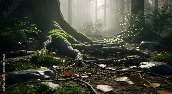 Fototapeta Mysterious forest floor close-up showing thick tree roots covered in bright green moss, small mushrooms, and fallen leaves under diffused sunlight and mist.