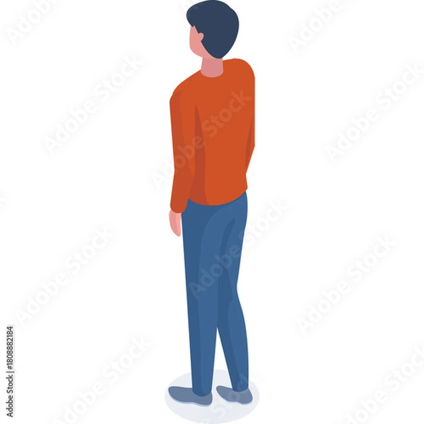 Fototapeta Isometric View of a Man with Dark Hair Wearing an Orange Long-Sleeved Shirt and Blue Jeans Standing on a Light Blue Circular Base Against a White Background Ideal for Graphic Design