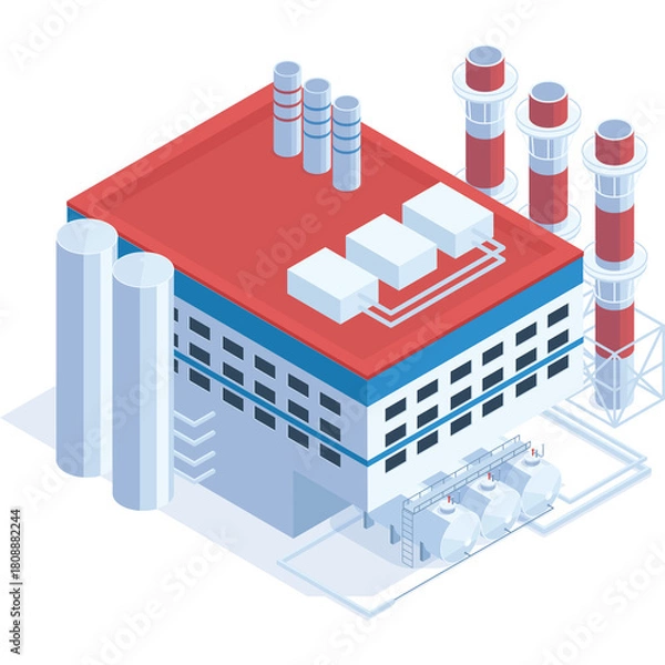 Fototapeta Isometric Industrial Factory Building With Red Roof And Tall Smokestacks On A Transparent Background