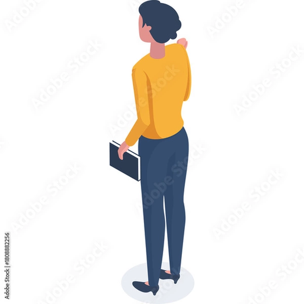 Fototapeta Isometric view of a person in yellow shirt and blue pants holding a book standing on a blue circular base against a white background with no discernible defects