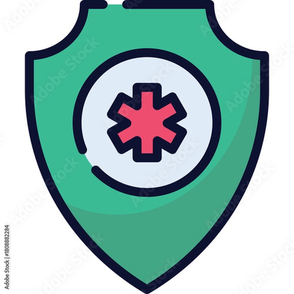 Fototapeta Green Shield Symbol With Red Star Inside A Circle On Transparent Background Simple Icon Representing Health Care And Protection