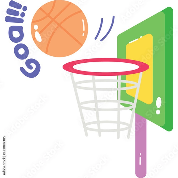 Fototapeta Hand drawn illustration of a basketball going into a hoop with the word goal and exclamation marks on a transparent background