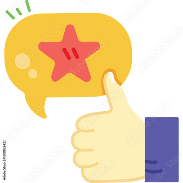 Fototapeta Hand Gesturing Thumbs Up With Yellow Speech Bubble Containing Red Star On Transparent Background In A Flat Illustration Style