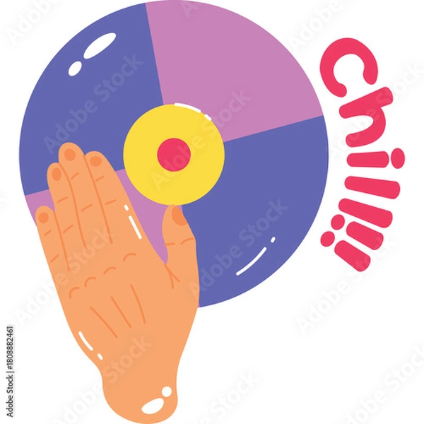 Fototapeta Hand Reaching For A Vinyl Record With The Word Chill Written In Pink On A Purple And Pink Background With A Yellow Center