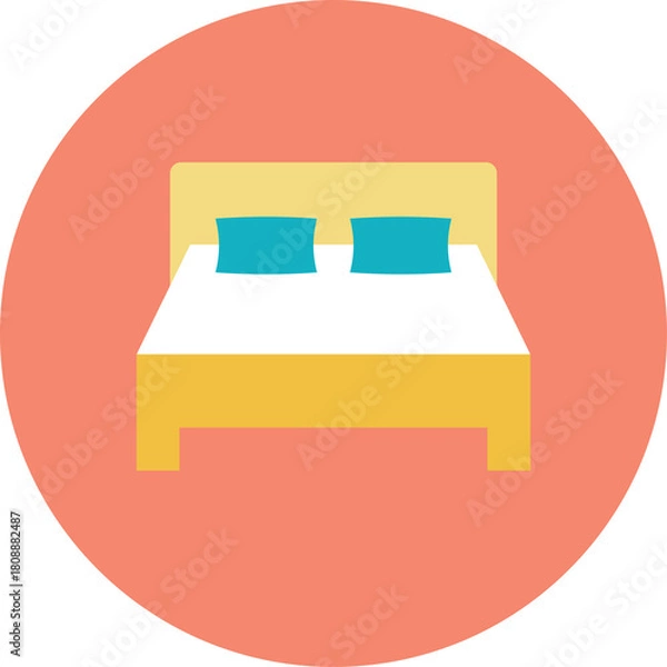 Fototapeta Illustration Of A Bed With Yellow Frame And Blue Pillows Inside A Coral Circle On A Transparent Background