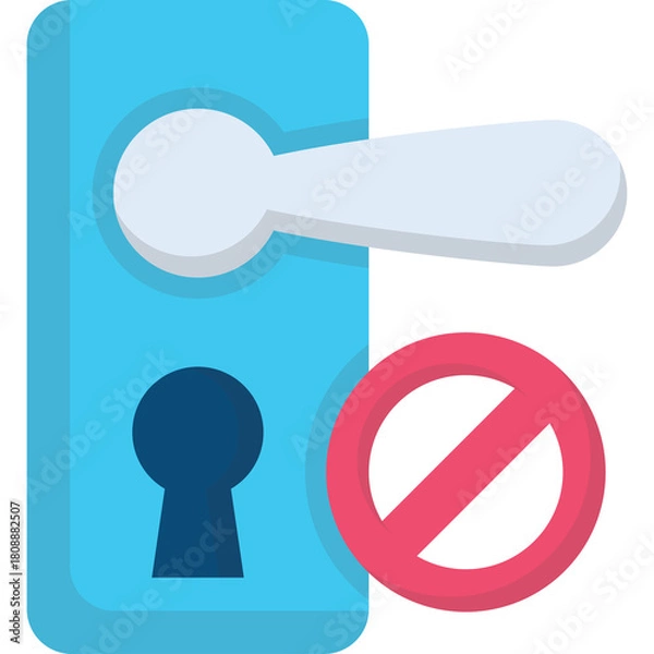 Fototapeta Illustration of a blue door handle with a keyhole and a red prohibition sign indicating restricted access or no entry warning symbol