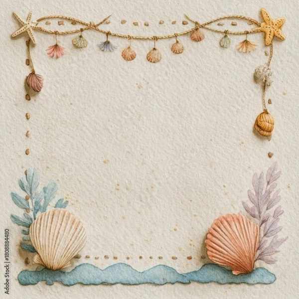 Obraz A beautiful, watercolor-style border featuring seashells and seaweed, perfect for beach-themed invitations, stationery, or scrapbook projects