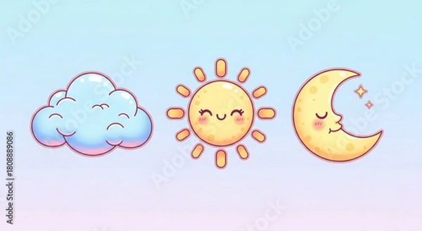 Fototapeta Cute weather icons set cloud sun and moon vector illustration for kids design and decoration project
