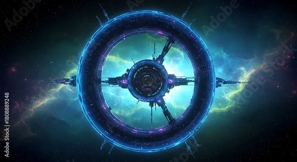 Fototapeta Futuristic space station design against a backdrop of colorful nebulae