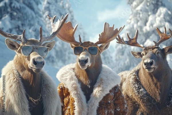 Obraz White-tailed deer buck with large antlers stands in the winter snow of a forest