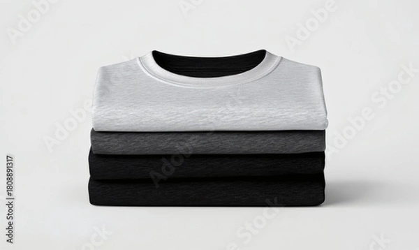 Fototapeta Stacking pile of folded blank black, grey, gray, and white t-shirts with a round neck and a white background cutout. A mockup template for graphic design artwork,

