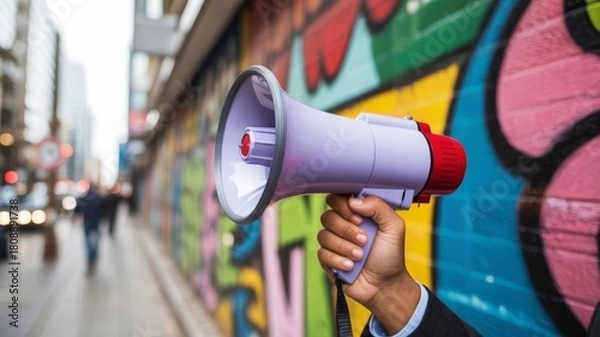 Fototapeta A hand holds a megaphone in front of a colorful graffiti wall, symbolizing communication, protest, or public speaking in an urban setting.