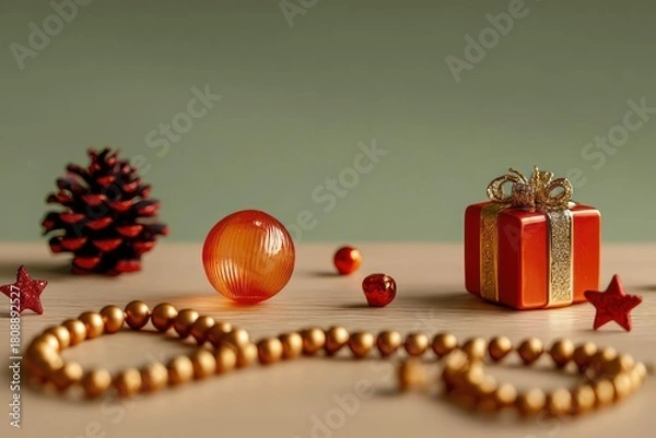Fototapeta Festive christmas still life arrangement featuring a red gift box golden beads pine cone and ornaments on a wooden surface