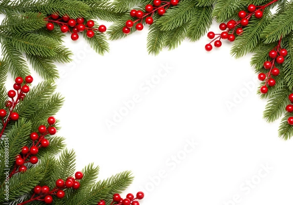 Fototapeta [Generative AI] 크리스마스 그린 파인 & 레드 베리 프레임 배경