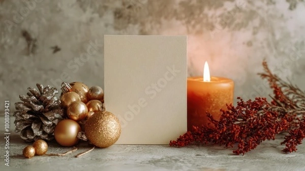 Obraz Cozy christmas still life with a blank card lit candle pinecone golden baubles and red berries on a rustic wooden surface
