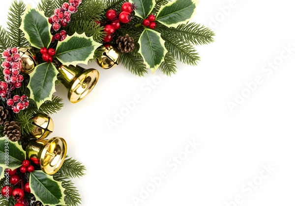 Fototapeta [Generative AI] 크리스마스 홀리 장식과 황금 종의 코너 배경