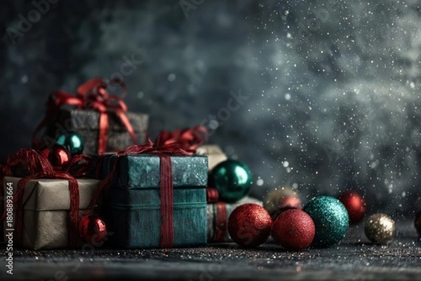 Fototapeta Festive pile of wrapped christmas presents adorned with red ribbons and colorful baubles on a dark textured background with scattered snow