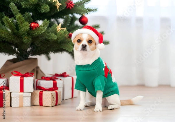 Fototapeta [Generative AI] 산타 모자와 크리스마스 스웨터를 입은 강아지와 트리 아래 선물