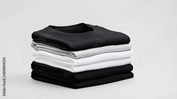 Fototapeta Stacking pile of folded blank black, grey, gray, and white t-shirts with a round neck and a white background cutout. A mockup template for graphic design artwork,

