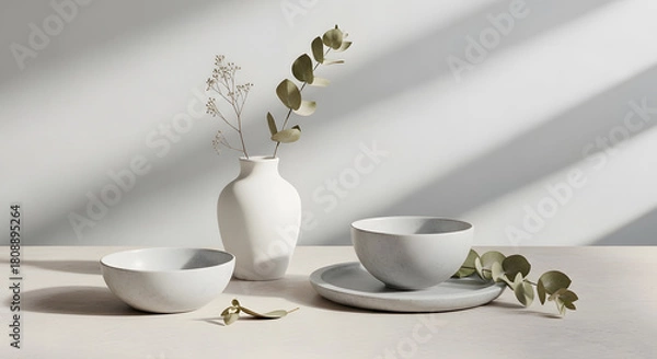 Fototapeta Minimalist still life composition with white vase and dried eucalyptus branch, alongside matching stone bowls and plates on a light beige surface.