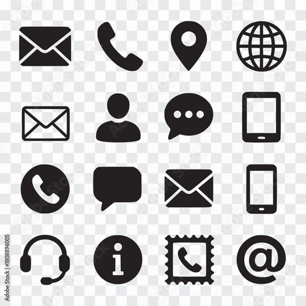 Obraz Essential Contact and Communication Glyphs Contact & Communication Icon Set – Modern Vector Symbols for UI/UX Minimalist Contact Icons Collection – Phone, Email, Chat & Support Communication Line Icon