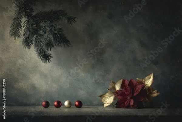 Fototapeta Still life with pine branch and red ornaments on a textured dark background with dramatic lighting