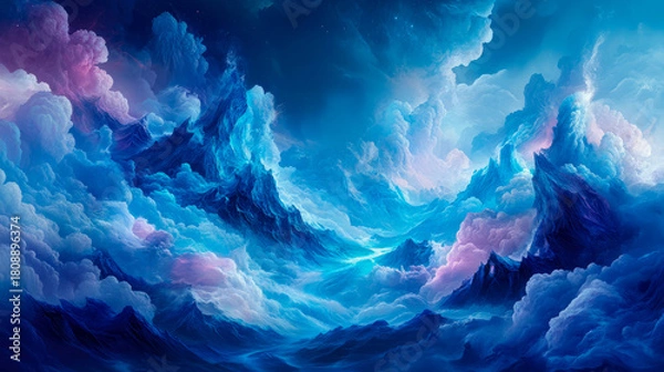 Fototapeta Majestic dreamscape of towering blue and purple celestial cloud formations enveloping mystical peaks under cosmic glow