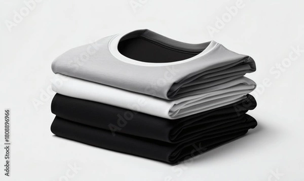 Obraz Stacking pile of folded blank black, grey, gray, and white t-shirts with a round neck and a white background cutout. A mockup template for graphic design artwork,
