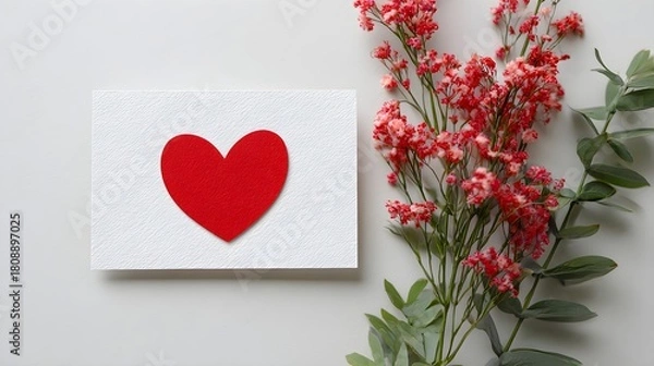 Fototapeta Minimal romantic flat lay with red paper cut-out heart placed on clean bright white surface, love and Valentine?? concept --ar 16:9
