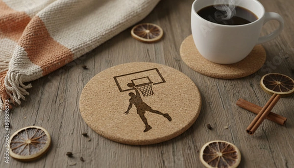 Fototapeta A cup of coffee steams next to a basketball themed coaster, with dried citrus and cinnamon sticks on a wooden surface.