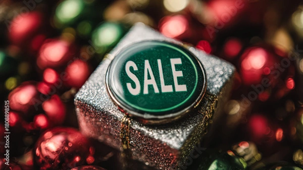 Fototapeta Green sale button rests on a shiny gift box, surrounded by vibrant Christmas ornaments, creating a festive holiday atmosphere