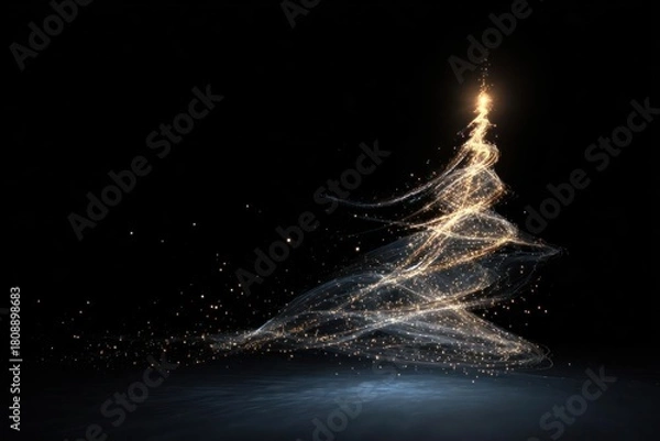 Fototapeta Abstract glowing light particles forming a christmas tree shape with a bright golden star on top against a dark background