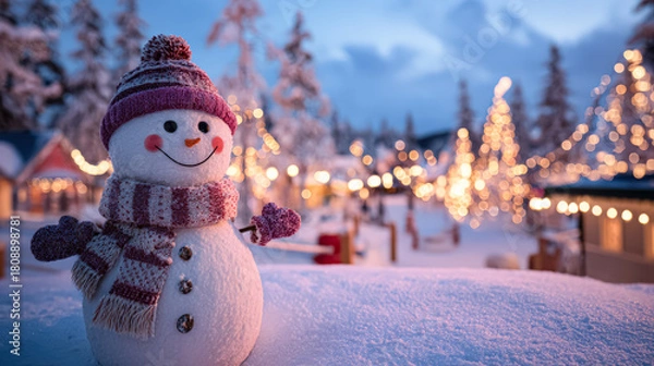 Fototapeta Cheerful snowman wearing a scarf and hat stands in a snowy landscape, surrounded by twinkling lights and festive decorations