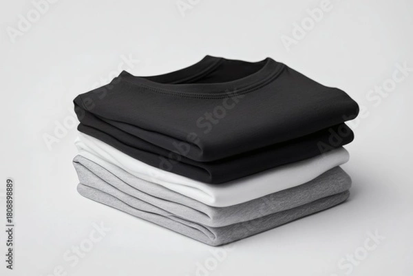 Fototapeta Stacking pile of folded blank black, grey, gray, and white t-shirts with a round neck and a white background cutout. A mockup template for graphic design artwork,

