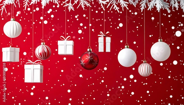 Fototapeta Diseño para tarjeta felicitacion navideña con bolas de navidad, adornos y regalos colgando sobre un fondo rojo con copos de nieve