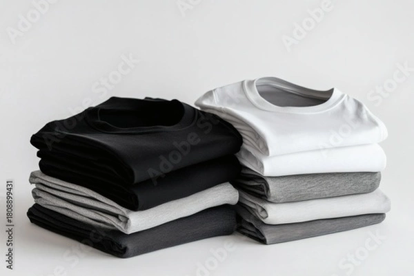 Obraz Stacking pile of folded blank black, grey, gray, and white t-shirts with a round neck and a white background cutout. A mockup template for graphic design artwork,
