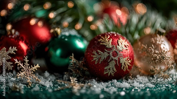 Obraz Vibrant Christmas ornaments in red, green, and gold, surrounded by snowflakes and pine branches, evoking a joyful holiday spirit