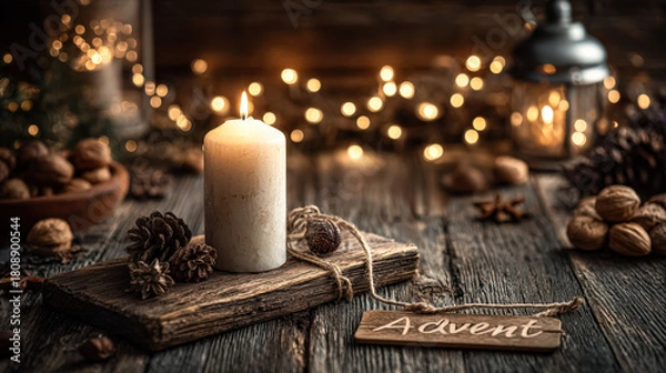 Fototapeta A white candle sits on a rustic wooden table surrounded by pine cones and an Advent sign, evoking a warm holiday ambiance