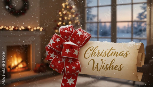 Fototapeta Festive Christmas scene with a scroll wishing happy holidays, featuring a fireplace.