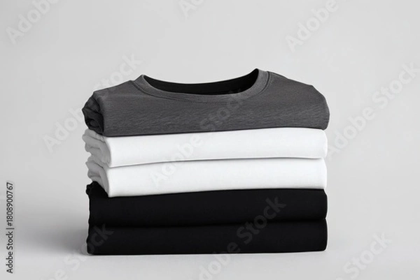 Fototapeta Stacking pile of folded blank black, grey, gray, and white t-shirts with a round neck and a white background cutout. A mockup template for graphic design artwork,
